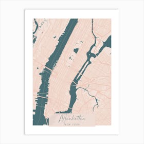 Manhattan New York Pink and Blue Cute Script Street Map 1 Art Print