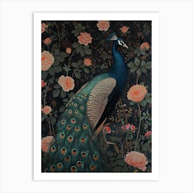 Black & Pink Floral Peacock Art Print