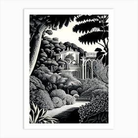 Villa Cimbrone Gardens, Italy Linocut Black And White Vintage Art Print