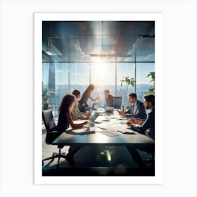 Conference Room Filled With Four Youthful Adults Two Women Two Men Engrossed In Team Strategy Do (1) Art Print