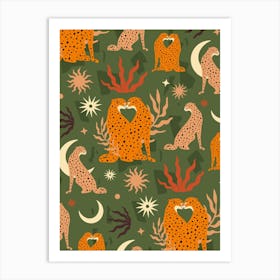 Cheetah Love Pattern Green Art Print