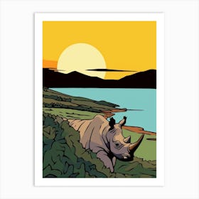 Rhino & The Sunset In The Dry Landscape 2 Art Print