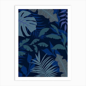 Blue Jungle Leaves Art Print