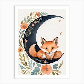Floral Cute Fox Watercolor Moon Paining (26) Art Print