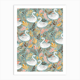 White Swans With Autumn Leaves On Sage Green Art Print