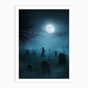 Witch Standing In Cemetery At Night Art Print