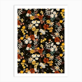 Boho Scattered Mixed Flower Bouquets on Black Art Print