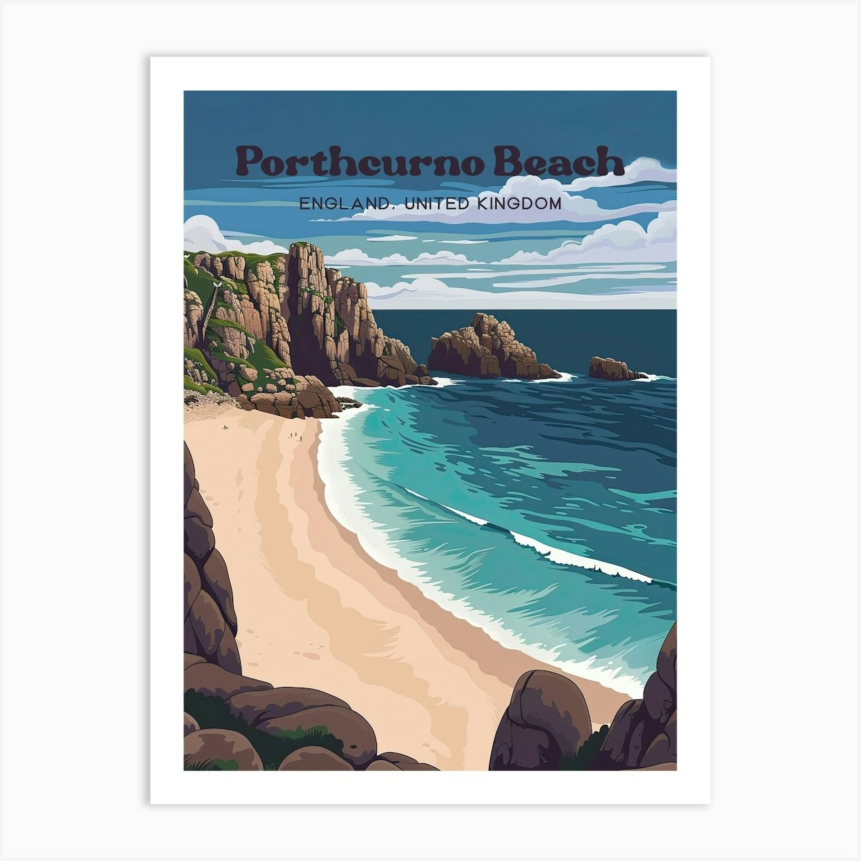 Porthcurno Beach Cornwall Vilage Travel Illustration Art Print by Wanderscape Travel Art