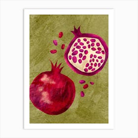 Painted Pomegranates In Olive Green Art Print