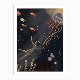 Woman Swiming Diving Underwater Art Print