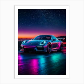 Retro Porsche 911, neon car at night. Turbocharged speed, GT3 RS design, and classic automotive luxury blend perfectly. Art Print