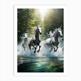 Transparent Water Horses Emerging From A Wild Stream Mid Leap As A Powerful Wave Of Spray Envelops Art Print