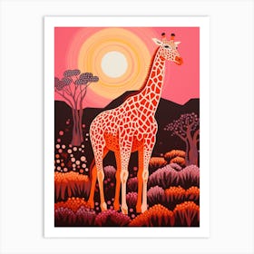 Giraffe With Trees In The Background Pink & Mustard 2 Art Print