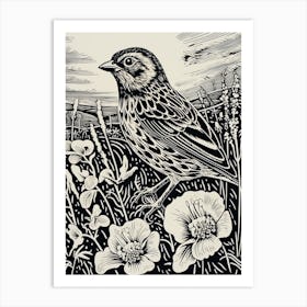 B&W Bird Linocut Yellowhammer 1 Art Print