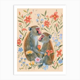 Folksy Floral Animal Drawing Baboon 2 Art Print