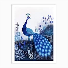 Blue Folk Peacock Art Print