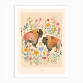 Folksy Floral Animal Drawing Bison Poster Art Print