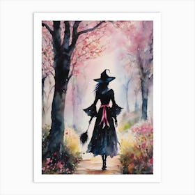 Sakura Witch ~ Witchy Walk in Spring Blossom Trees Woods Cute Japanese Witches Artwork Fairytale Pagan Cottagecore Witchcore Wicca Wiccan Witchcraft Watercolour Cherry Blossom Painting Spiritual Healing Strolling in Magical Enchanted Forest Pink Witch Art Print