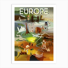 Europe from Above, Tourist Attractions, Vintage Travel Poster Art Print