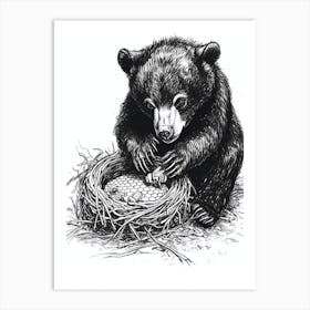 Malayan Sun Bear Cub Playing With A Beehive Ink Illustration 4 Art Print