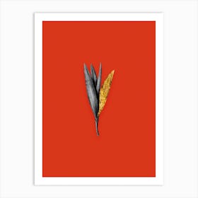 Vintage Autumn Crocus Black and White Gold Leaf Floral Art on Tomato Red Art Print