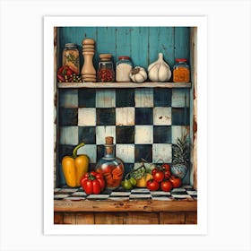 Kitchen Ingredients On A Shelf Blue Checkerboard Art Print