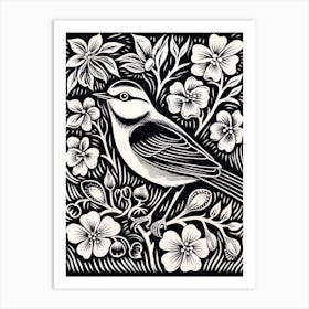 B&W Bird Linocut Carolina Chickadee 3 Art Print