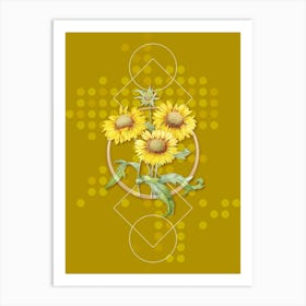 Vintage Blanket Flowers Botanical with Geometric Line Motif and Dot Pattern Art Print