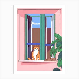 Cat In The Window anime style pink Art Print