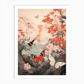 Butterfly Red Tones Japanese Style Painting 1 Art Print
