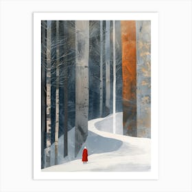 A Short White Hair Girl In Red In The Distance, Several Straight Hanging Gradient Fabrics, Windblown, Snow And Iced Ocean, Funturistic Architecture Background, Silver Leaf Art, Glitter Drawing, White And Blu Poster