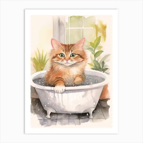 American Bobtail Cat In Bathtub Botanical Bathroom 2 Art Print