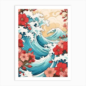 Great Wave With Petunia Flower Drawing In The Style Of Ukiyo E 3 Art Print