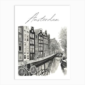 Amsterdam Canals, Black And White Illustration Art Print