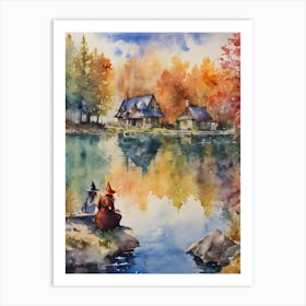 By the Lakehouse ~ Mother and Daughter Witch Playing By The Lake ~ Early Autumn Pagan Watercolor Fairytale Witchy Art Print