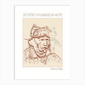 Line Art Minimalist – Self Portrait With Bandaged Ear And Pipe – Vincent Van Gogh – Classic Painting 1 Art Print