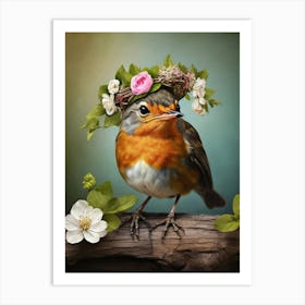 Robin With Flower Crown 1 Art Print