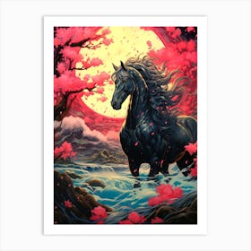 Black Horse In Cherry Blossoms 1 Art Print