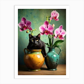 Black Cat In A Vase With Orchids 1 Art Print