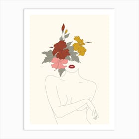 Colorful Thoughts Minimal Line Art Woman With Hibiscus Art Print