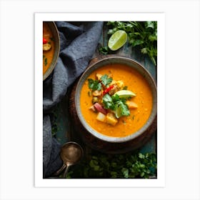 Autumn Pumpkin Curry Soup Steaming In A Rustic Ceramic Bowl Surrounded By An Array Of Vividly Spice (5) Art Print