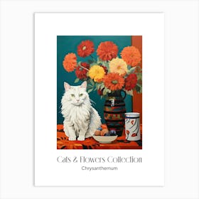 Cats & Flowers Collection Chrysanthemum Flower Vase And A Cat, A Painting In The Style Of Matisse 2 Art Print