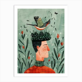 Illustration Of A Man With A Bird On His Head Art Print