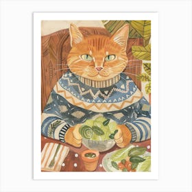 Tan Cat Eating A Salad Folk Illustration 3 Art Print