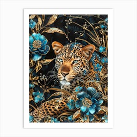 Leopard With Blue Flowers Art Print