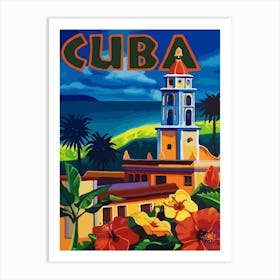 Cuba, Floral Vintage Travel Poster Art Print