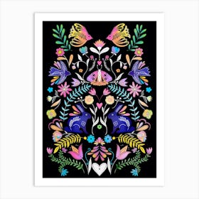 Folk Illustration Bright on black Art Print