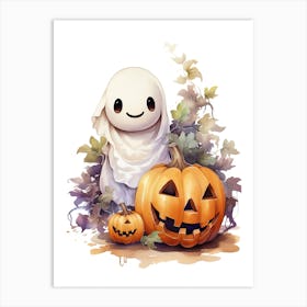 Cute Ghost With Pumpkins Halloween Watercolour 73 Art Print