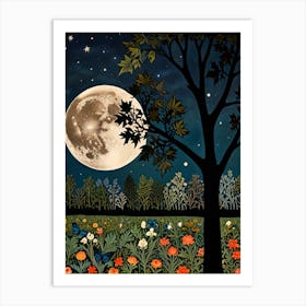 William Morris Style Moonlight In The Field Art Print