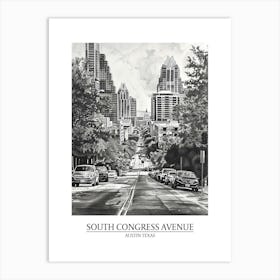 South Congress Avenue Austin Texas Black And White Drawing 1 Poster Art Print
